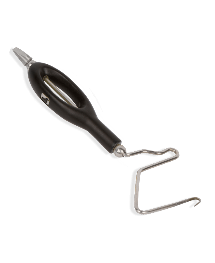 A Matarelli-style rotating whip finisher — black ergonomic handle with a stainless rotating arm and finishing hook